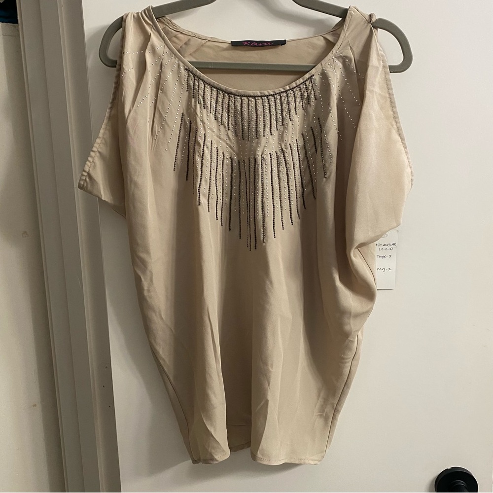 NWT The Kara Taupe Embellished Beaded Dolman Metallic Blouse Size S